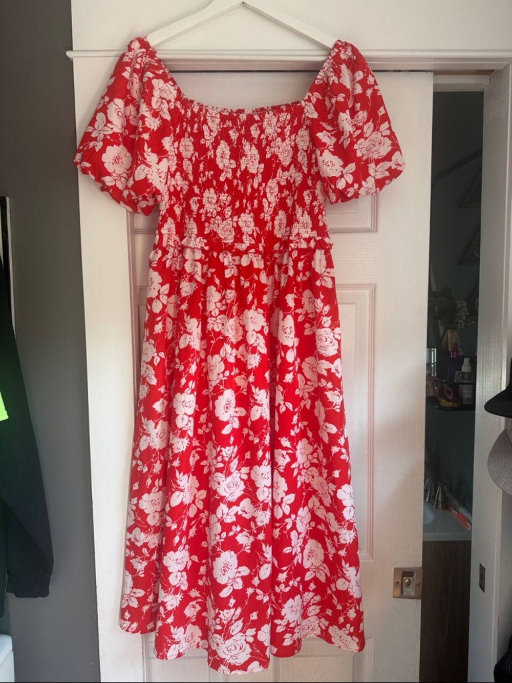 SHEIN Red and White Floral Smocked Maxi Dress